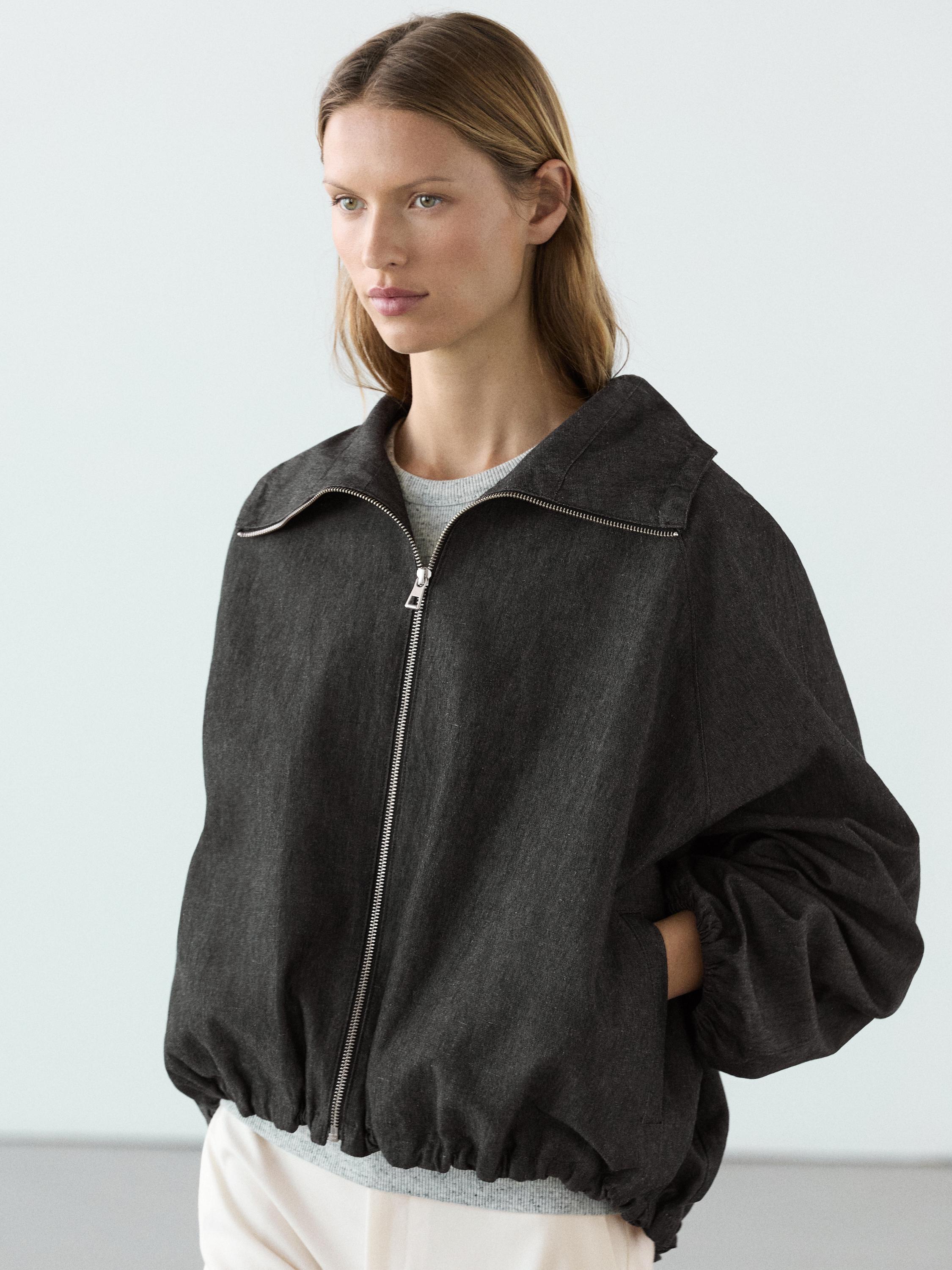 Linen blend bomber jacket